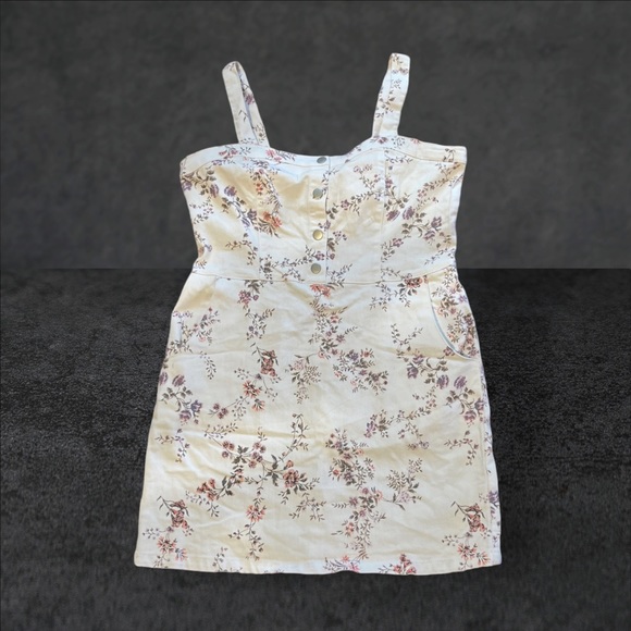 No Boundaries Other - No Boundaries Overall Dress Floral White Denim 2XX/19